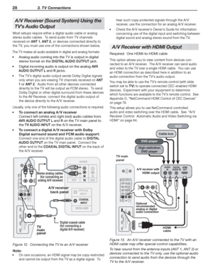 Page 2828 3. TV Connections
  A/ V Receiver (Sound System) Using the 
TV’s Audio Output
Most setups require either a digital audio cable or analog 
stereo audio cables.  To send audio from TV channels 
received on
 ANT 1, ANT 2, or devices connected directly to 
the TV, you must use one of the connections shown below
.
The TV makes all audio available in digital and analog formats:
Analog audio coming into the TV is output in digital  
stereo format on the 
DIGITAL AUDIO OUTPUT jack.
Digital incoming audio is...