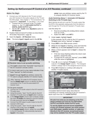 Page 63  6.  NetCommand IR Control63
ceiver menu are arbitrary names used by the TV 
to uniquely identify A/V receiver inputs.
Audio Switching Setup 1:  Automatic A/V Rec eiver 
Switching to the TV Audio Input
Most devices are set up to use the TV’s audio output like 
the VCR in this example; analog audio from the device is 
sent through the TV to the A /V receiver’s TV audio input.
Use this setup for:
Sources providing only analog stereo output,  
such as a VCR.
Audio from  
ANT 1 and ANT 2
Under 1. Learn,...