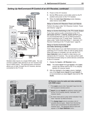 Page 65  6.  NetCommand IR Control65
Setting Up Net Command IR Control of an A/V Receiver, continued
1
3 
4
2
AV Receiver menu for audio and video switching 
with HDMI output
1 The Learn column lists “learnable” keys from the 
A /V receiver’s remote control.
2Input1 through Input5 are arbitrary names used 
by the TV to uniquely identify “learnable” A /V 
receiver inputs.
3 A check mark next to a key name indicates it has 
been “learned” by Net Command.
4 The Assign Input column provides a list of 
possible...