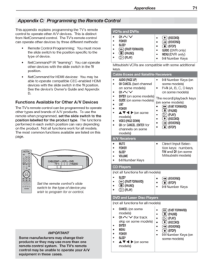 Page 71 Appendices 71
This appendix explains programming the TV’s remote 
control to operate other A /V devices.  This is distinct 
from Net Command control.  The TV’s remote control 
can operate other devices by three different methods:
 
Remote Control Programming:  You must move 
the slide switch to the position specific to the 
type of device.
Command
® IR “learning”:  You can operate 
other devices with the slide switch in the 
TV 
position.
 
Net Command for  HDMI devices:  You may be 
able to operate...