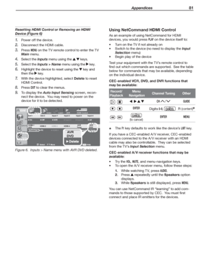 Page 81 Appendices 81
Using   
Net Command H DMI Control
As an example of using Net Command for HDMI 
devices, you would press 
PLAY on the device itself to:
Turn on the TV if not already on 
Switch to the device (no need to display the  Input 
Selection menu)
Begin play of the device 
Test your equipment with the TV’s remote control to 
find out which commands are supported.  See the table 
below for commands that may be available, depending 
on the individual device.
CEC-enabled VCR, DVD, and DVR functions...