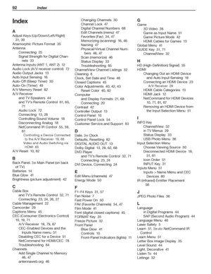 Page 9292 Index
Index
A
Adjust Keys (Up/Down/Left/Right)  
31, 39
Anamorphic Picture Format  35
Antenna
Connecting  25
Signal Strength for Digital Chan-
nels  33
Antenna Inputs (ANT 1, ANT 2)  12
Audio Lock (A /V receiver control)  72
Audio Output Jacks  13
Auto Input Sensing  16
Auto-Off (Sleep Timer)  30
Auto-On (Timer)  49
A /V Memory Reset  82
A/V Receiver
and TV Speakers  44
and TV’s Remote Control  61, 65, 
71
Audio Lock  72
Connecting  13, 28
Controlling Sound Volume  18
Disconnecting Analog  18...