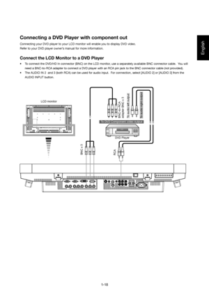 Page 18
English
Connecting a DVD Player with component out
Connecting your DVD player to your LCD monitor will enable you to displa\
y DVD video.
Refer to your DVD player owner’s manual for more information.
Connect the LCD Monitor to a DVD Player
•   To connect the DVD/HD In connector (BNC) on the LCD monitor, use a separately available BNC connector cable.  You will need a BNC-to-RCA adapter to connect a DVD player with an RCA pin jack t\
o the BNC connector cable (not provided).
•   The AUDIO IN 2  and 3...