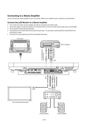 Page 19
Connecting to a Stereo Ampliﬁ er
You can connect your stereo ampliﬁ  er to your LCD monitor. Refer to your ampliﬁ  er owners manual for more information.
Connect the LCD Monitor to a Stereo Ampliﬁ  er
•  Turn on the LCD monitor and the ampliﬁ er only after all connections have been made.
•  Use an RCA cable to connect the AUDIO OUT connector (RCA) on the LCD m\
onitor and the audio input on the ampli ﬁ er.
•  Do not reverse the audio left and right jacks.
•  The AUDIO IN 2 and 3 (both RCA) can be used...