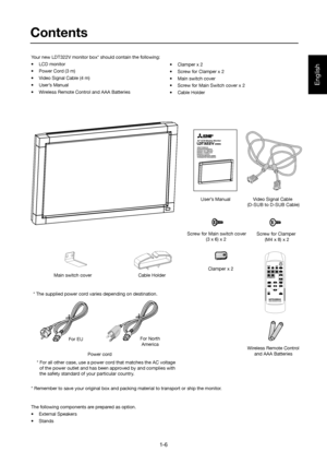 Page 6
English
Contents
* Remember to save your original box and packing material to transport o\
r ship the monitor. Your new LDT322V monitor box* should contain the following:
• LCD monitor
•  Power Cord (3 m) 
•  Video Signal Cable (4 m)
• User’s Manual
•  Wireless Remote Control and AAA Batteries• Clamper x 2
•  Screw for Clamper x 2
•  Main switch cover
•  Screw for Main Switch cover x 2
• Cable Holder
The following components are prepared as option.
• External Speakers
• Stands
Screw for Clamper  (M4 x...