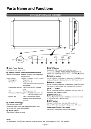 Page 12English-8
1
2
345678910
5  INPUT button
Displays the OSD menu to switch the video input.  
You can select [RGB1], [RGB2], [RGB3], [RGB4], [DVD/HD], 
[VIDEO], or [VIDEO] using the UP (
) or DOWN () button.
6  PLUS (+) button
Acts as (+) button to increase the adjustment in the OSD menu.  
Increases the audio output level when the OSD menu is off.
7  MINUS (-) button
Acts as (-) button to decrease the adjustment in the OSD menu.  
Decreases the audio output level when the OSD menu is off.
8  UP () button...