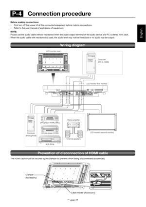 Page 21English-17
English
Prevention of disconnection of HDMI cable
The HDMI cable must be secured by the clamper to prevent it from being disconnected accidentally.
R
B
G
H
V DVI IN
D-SUB IN D-SUB OUTHDMI
RS-232C IN
RS-232C OUT VIDEO IN
VIDEO OUT S-VIDEO
IN1 IN2 IN3
OUT R
L
Computer 
(DVI-D, HDMI)
Computer
(Analog RGB) LCD monitor (rear)
LCD monitor (second monitor)
DVD player (HDMI, BNC)
HD disk player (HDMI)
VCR (RCA) Stereo ampli er
External speakers
Clamper 
(Accessory) Cable Holder (Accessory)
Before...