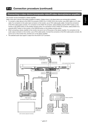 Page 22English-21
English
BNC cable
RCA cable (audio)
 S-VIDEO IN AUDIO IN2
 AUDIO OUT VIDEO IN
 VIDEO OUT
 VIDEO IN
 To S video output  To video output  To Audio output 
 To Audio input 
RCA cable (audio)
S video cable
BNC cable
R
B G
H VDVI IN
D-SUB IND-SUB OUTHDMI
RS-232C IN
RS-232C OUTVIDEO IN
VIDEO OUTS-VIDEO
IN1IN2
IN3
OUTR
L
Connecting a video device (composite video/S video device)/stereo ampliﬁ er
This monitor can be connected to a stereo ampliﬁ er. 
Refer to the user’s manual of the stereo ampliﬁ er...
