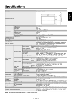 Page 46English-45
English
Orientation Landscape / Portrait
Dimension (Unit: mm)
1023935
527614
4483
133
LCD ModuleDiagonal (inch) 42” (1067 mm)
Display Mode IPS
Panel Pitch 0.485 mm
Resolution 1920 x 1080 pixels (Full HD)
Color Approximately 1.06 Billion
Brightness (typ.) 500 cd/m2
Contrast ratio 1300 : 1
Viewing Angle (CR≥10) Up and Down 178° / Left and Right 178°
Response time 9 ms (Gray to Gray)
Viewable Size (H x V ) 930.2 mm x 523.3 mm / 36.6” x 20.6”
Power Management VESA DPM
Plug and Play VESA DDC2B,...