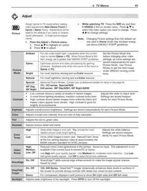 Page 41 4.  TV Menus 41
Adjust
Picture
Assign	names	to	TV	inputs	before	making	
video	adjustments	(New Device Found	or	
Inputs > Name	menu).		Adjustments	will	be	
reset	to	the	defaults	if	you	name	or	rename	
inputs	afterwards.		To	make	picture	adjust-
ments:
From the •	Adjust > Picture menu:
Press	1. 		to	highlight	an	option.
Press	2. 			to	adjust.
While watching TV:•			Press	the	MORE	key	and	then	
8	(VIDEO)	in	the	on-screen	menu.		Press			to	
select	the	video	option	you	want	to	change.		Press	
			to	change...