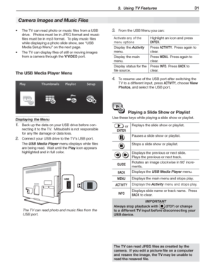 Page 31 3.  Using TV Features 31
The USB Media Player Menu
Displaying the Menu
Back	up	the	data	on	your	USB	drive	before	con-1. 
necting	it	to	the	TV.		Mitsubishi	is	not	responsible	
for	any	file	damage	or	data	loss.
Connect	your	USB	drive	to	the	TV’s	USB	port.2. 
The	USB Media Player	menu	displays	while	files	
are	being	read.		Wait	until	the	Play	icon	appears	
highlighted	and	in	full	color.
The TV can read photo and music files from the 
USB port.AUDIO
R
L
DVI OUTANALOG 
AUDIO OUTR
L
From	the	USB	Menu	you...