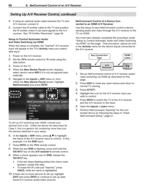 Page 6666 6.  NetCommand Control of an A/V Receiver
If	using	an	optional	audio	cable	between	the	TV	and	4. 
A /V	receiver,	connect	it.
Connect	the	IR	emitter	cable	to	the	TV	and	position	5. 
the	IR	emitter	where	it	can	send	signals	to	the	A /V	
receiver.		See	“IR	Emitter	Placement,”	page	56.
Setup to Control Automatic Audio 
and Video Switching via HDMI
When	this	setup	is	complete,	the	“learned”	A /V	receiver	
input	will	appear	in	the	TV’s	Activity	menu	as	a	select-
able	input.
Power	on	the	A /V	receiver.1....