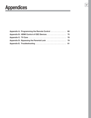 Page 6767
Appendix A:  Programming the Remote Control ...........68
Appendix B:  HDMI Control of CEC Devices ..............75
Appendix C:  TV Care  ...........................78
Appendix D:  Bypassing the Parental Lock  ..............79
Appendix E:  Troubleshooting ......................81
Appendices
 