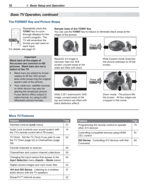 Page 1818 1.  Basic Setup and Operation
For assistance call 1(800) 332-2119
More TV Features
FeaturePage
Parental controls (Lock menu)57
Audio Lock (controls your sound system with 
the TV’s remote control left in TV mode.)
74
TV Clock.  Set the TV Clock if you plan to use 
the TV Timer (page 52) or ChannelView (page 
30).
52
Favorite channels or sources29
ChannelView and custom channel collections30
Changing the input names that appear in the 
Input Selection menu (Inputs > Name menu)
55
Digital camera images...