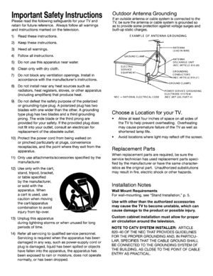 Page 4ImportantSafetyInstructions
Pleasereadthefollowing safeguards foryour TVand
retain forfuture reference. Alwaysfollowallwarnings
and instructions markedonthe television.
1)Read these instructions.
2)Keepthese instructions.
3)Heedallwarnings.
4)Follow allinstructions.
5)Do not use this apparatus nearwater.
6)Clean onlywithdrycloth.
7)Donot block anyventilation openings.Installin
accordance withthemanufacturers instructions.
8)Donot install nearanyheat sources suchas
radiators, heatregisters, stoves,orother...
