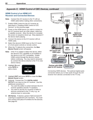 Page 8282 Appendices
For assistance call 1(800) 332-2119
HDMI Control of an HDMI A/V 
Receiver and Connected Devices
Note: Connect the A/V receiver to the TV with an 
HDMI cable before making other connections.
Enable HDMI Control for the A /V receiver as 1. 
described in “Enabling HDMI Control of CEC 
Devices” on the previous page.
Power on the HDMI device you wish to connect to 2. 
the A /V receiver (such as a disc player, cable box, 
or satellite receiver).  Allow the device to complete 
the power-on...