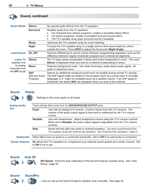 Page 5050 4.  TV Menus
For assistance call 1(800) 332-2119
SoundGlobal
Settings in this menu apply to all inputs.
Analog Audio 
Out
These settings affect audio from the AVR/SURROUND OUTPUT jacks.
FixedUse with an analog A /V receiver.  Control volume from the A /V receiver.  The 
volume of the audio output signal is fixed and is unaffected by the TV’s volume 
control.
VariableUse with headphones.  Adjust headphone volume using the TV’s volume controls. 
When set to Variable, the audio output signal is...