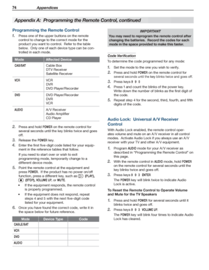 Page 7474 Appendices
For assistance call 1(800) 332-2119
Programming the Remote Control
Press one of the upper buttons on the remote 1. 
control to change to the correct mode for the 
product you want to control.  Refer to the table 
below.  Only one of each device type can be con-
trolled in each mode.
ModeAffected Device
CA B / S ATCable Box
DTV Receiver
Satellite Receiver
VCRVCR
DVR
DVD Player/Recorder
DVDDVD Player/Recorder
DVR
VCR
AUDIOA /V Receiver
Audio Amplifier
CD Player
Press and hold 2. POWER on the...