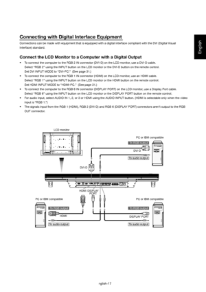 Page 18English
English-17
Connecting with Digital Interface Equipment
Connections can be made with equipment that is equipped with a digital interface compliant with the DVI (Digital Visual 
Interface) standard.
Connect the LCD Monitor to a Computer with a Digital Output
•  To connect the computer to the RGB 2 IN connector (DVI-D) on the LCD monitor, use a DVI-D cable.
  Select “RGB 2” using the INPUT button on the LCD monitor or the DVI-D button on the remote control.
  Set DVI INPUT MODE to “DVI-PC.”  (See...