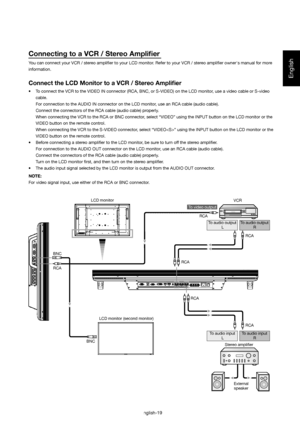 Page 20English
English-19
Connecting to a VCR / Stereo Ampliﬁ er
You can connect your VCR / stereo ampliﬁ er to your LCD monitor. Refer to your VCR / stereo ampliﬁ er owners manual for more 
information.
Connect the LCD Monitor to a VCR / Stereo Ampliﬁ er
•  To connect the VCR to the VIDEO IN connector (RCA, BNC, or S-VIDEO) on the LCD monitor, use a video cable or S-video 
cable.
  For connection to the AUDIO IN connector on the LCD monitor, use an RCA cable (audio cable).
  Connect the connectors of the RCA...