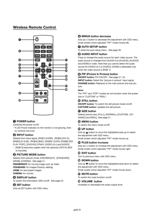 Page 9English-8
Wireless Remote Control
 POWER button
Switches the power on/off. 
* If LED Power Indicator on the monitor is not glowing, then 
no controls will work.
 INPUT button
Selects from input signal, [RGB1] (HDMI),  [RGB2] (DVI-D),  
[RGB3] (D-SUB),  [RGB4] (BNC), [RGB5]* (CAT5), [RGB6] (DIS-
PLAY PORT), [DVD/HD] (YPbPr), [VIDEO] and [VIDEO].
* : [RGB 5] becomes usable when the optional CAT5 Rx BOX 
is mounted. 
  PICTURE MODE button
Selects from picture mode, [HIGHBRIGHT],  [STANDARD],  
[sRGB],...
