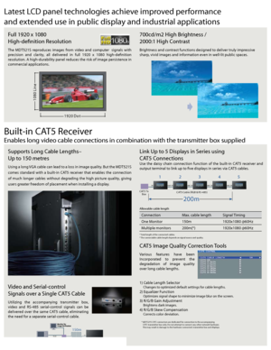 Page 3Latest LCD panel technologies achieve improved performance 
and extended use in public display and industrial applications
Built-in CAT5 Receiver 
Enables long video cable connections in combination with the transmitter box supplied
Full 1920 x 1080
High-definition Resolution
The  MDT521S  reproduces  images  from  video  and  computer    signals  with 
precision  and  clarity,  all  delivered  in  full  1920  x  1080  high-definition 
resolution. A high-durability panel reduces the risk of image...