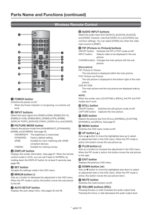 Page 14English-10
1 POWER button
Switches the power on/off.
*  When the Power indicator is not glowing, no controls will 
work.
2 INPUT buttons
Select the input signal from [RGB1] (HDMI), [RGB2] (DVI-D), 
[RGB3] (D-SUB), [RGB4] (BNC), [RGB5] (CAT5), [RGB6] 
(DISPL AY PORT ), [DVD/HD] (YPbPr), [VIDEO], and [VIDEO]. 
3  PICTURE MODE button
Selects the picture mode from [HIGHBRIGHT], [STANDARD], 
[sRGB], and [CINEMA]. See page 32.
  HIGHBRIGHT:  The brightness is maximized.
  STANDARD:  Factory default setting....