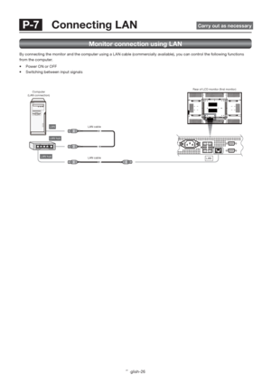 Page 30English-26
L AN cable
L AN cable LAN 
 LAN hub 
 LAN hub 
 LAN
Computer
(LAN connection)Rear of LCD monitor (ﬁ rst monitor)
Monitor connection using LAN
By connecting the monitor and the computer using a L AN cable (commercially available), you can control the following functions 
from the computer.
•  Power ON or OFF
•  Switching between input signals
 P-7  Connecting LAN  Carry out as necessary
 