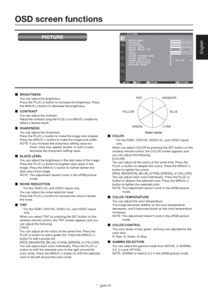 Page 45English-41
English
OSD screen functions
PICTURE
 BRIGHTNESS
You can adjust the brightness. 
Press the PLUS (+) button to increase the brightness. Press 
the MINUS (-) button to decrease the brightness.
 CONTRAST
You can adjust the contrast. 
Adjust the contrast using the PLUS (+) or MINUS (-) button to 
obtain a desired result.
 SHARPNESS
You can adjust the sharpness. 
Press the PLUS (+) button to make the image look sharper. 
Press the MINUS (-) button to make the image look softer.
NOTE: If you...