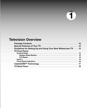 Page 11
1
Television Overview
Package Contents  . . . . . . . . . . . . . . . . . . . . . . . . . . . . . . . . . .12
Special Features of Your TV
 . . . . . . . . . . . . . . . . . . . . . . . . . . . .12
Guidelines for Setting Up and Using Your New Widescreen TV
  . . .13
TV Front Pane
l
Control Panel  . . . . . . . . . . . . . . . . . . . . . . . . . . . . . . . . . . . . .15
System Reset Button . . . . . . . . . . . . . . . . . . . . . . . . . . . . . . .
15
A/ V Reset . . . . . . . . . . . . . . . . . . . ....