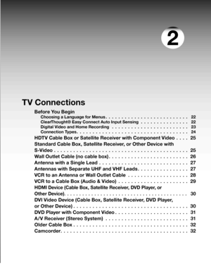 Page 21
2
TV Connections
Before You Begin
Choosing a Language for Menus . . . . . . . . . . . . . . . . . . . . . . . . . .22
ClearThought® Easy Connect Auto Input Sensing  . . . . . . . . . . . . . . .
22
Digital Video and Home Recording  . . . . . . . . . . . . . . . . . . . . . . . .
23
Connection Types . . . . . . . . . . . . . . . . . . . . . . . . . . . . . . . . . . .
24
H DTV Cable Box or Satellite Receiver with Component Video  . . . .25
Standard Cable Box, Satellite Receiver, or Other Device with...