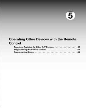 Page 61
5
Operating Other Devices with the Remote 
Control
Functions Available for Other A/V Devices . . . . . . . . . . . . . . . . . .62
Programming the Remote Control
  . . . . . . . . . . . . . . . . . . . . . . .63
Programming Codes
 . . . . . . . . . . . . . . . . . . . . . . . . . . . . . . . . .64
 