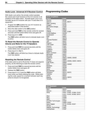 Page 64
64 Chapter 5.  Operating Other Devices with the Remote Control

Audio Ampliﬁers
BrandCode
Acurus30765
Adcom 31100, 30577
Altec Lansing 31742
Aragon 30765
Bel Canto Design 31583
Bose 30674
Carver 30892
Classe 31462, 31461
Curtis Mathes 30300
Durabrand 31561
Elan 30647
GE 30078
Harman/Kardon 30892
JVC 30331
Klipsch 30765
Left Coast 30892
Lenoxx 31561
Lexicon 31802
Logitech 31408
Marantz 30892 
Mark Levinson 31483
McIntosh 30251
Mondial 30765
Optimus 30823, 30395, 30300
Philips 30892
Pioneer 30823, 30300,...