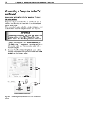 Page 76
76 Chapter 6.  Using the TV with a Personal Computer

Computer with VGA 15-Pin Monitor Output 
(Analog Video)
Required :  15-pin computer VGA-to-DVI/ VGA-to-DVI-D 
cable or a VGA computer cable and a DVI/ VGA adapter,  stereo audio cable.
If the computer’s audio output is a single mini jack, a m ini 
audio-to-RCA-male “Y” adapter cable is also required.
IMPORTANT
To use this connection, you must first select the 
Analog setting in the PC DVI box of the Input 
Name menu.  See the “Setup” section for...