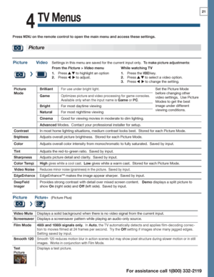 Page 2121
For assistance call 1(800) 332-2119
4
TV Menus
Press MENU on the remote control to open the main menu and access these settings.
PictureVideoSettings in this menu are saved for the current input only.  To make picture adjustments:
From the Picture > Video menu
Press 1.   to highlight an option
Press 2.    to adjust.
While watching TV
Press the 1. VIDEO key.
Press 2.   to select a video option.
Press 3.    to change the setting.
Picture 
Mode
BrilliantFor use under bright light.Set the Picture Mode...