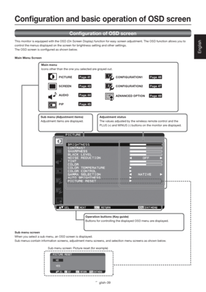 Page 43English-39
English
Adjustment status
The values adjusted by the wireless remote control and the 
PLUS (+) and MINUS (-) buttons on the monitor are displayed. Sub menu (Adjustment items)
Adjustment items are displayed.
Operation buttons (Key guide) 
Buttons for controlling the displayed OSD menu are displayed. PICTURE
SCREEN
AUDIO
PIPCONFIGURATION1
CONFIGURATION2
ADVANCED OPTION Main menu
Icons other than the one you selected are grayed out.
Sub menu screen 
When you select a sub menu, an OSD screen is...