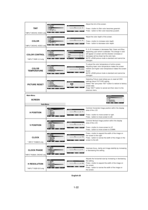 Page 221-22 
English-20
Adjust the tint of the screen.
Press + button to Skin color becomes greenish.
Press - button to Skin color becomes purplish.
Adjust the color depth of the screen.
Press + button to increase color depth.
Press - button to decrease color depth.
R, G, B: Increases or decreases Red, Green and Blue,
depending upon which is selected. The change in color
will appear on screen and the direction (increase or
decrease) will be shown by the color bars.
NOTE: sRGB picture mode is standard and cannot...