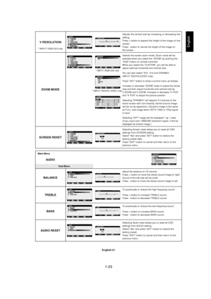 Page 231-23 
English-21
English
Adjusts the vertical size by increasing or decreasing the
setting.
Press + button to expand the height of the image on the
screen.
Press - button to narrow the height of the image on
the screen.
Selects the screen zoom mode. Zoom mode will be
selected when you select the “ZOOM” by pushing the
“SIZE” button on remote controller.
When you select the “CUSTOM”, you will be able to
adjust optional horizontal and vertical size.
You can also select 16:9, 14:9 and DYNAMIC.
(INPUT...