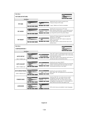 Page 241-24 
English-22
Main-Menu
PICTURE IN PICTURE
Sub-Menu
Selecting the size of picture inserted at the
“Picture-in-Picture” (PIP) mode.
“Large”, “Middle” and “Small” are available.
Selecting the sound source in PIP mode.
When selecting “MAIN AUDIO”, you will get the sound
for the main picture and when selecting “PIP AUDIO”,
you will get the sound for the picture instead.
Selecting PIP Reset allows you to reset all OSD
settings from PIP setting.
Select “Yes” and press “SET” button to restore the
factory...