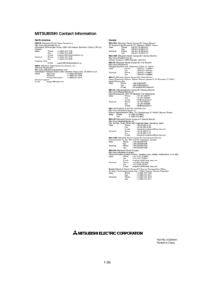 Page 361-36 
Part No.1E504541
Printed in China
North AmericaMESCA (Mitsubishi Electric Sales Canada Inc.)
http://www.mitsubishielectric.ca
Information Technologies Group, 4299 14th Avenue, Markham, Ontario L3R 0J2,
Canada
Sales Phone: +1-(905) 475-7728
Fax: +1-(905) 475-7958
E-mail: projectors@mitsubishielectric.ca
Technical Phone: +1-(905) 475-7728
Fax: +1-(905) 475-7958
Customer Care
E-mail: support@mitsubishielectric.ca
MDEA (Mitsubishi Digital Electronics America, Inc.)
(Warranty Registration)...