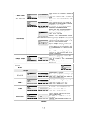 Page 231-23 
English-22
Main-Menu
AUDIO
Sub-Menu
Adjust the balance of L/R volume.
Press + button to move the stereo sound image to right.
Sound of the left side will be small.
Press - button to move the stereo sound image to left.
Sound of the right side will be small.
To accentuate or reduce the high frequency sound.
Press + button to increase TREBLE sound.
Press - button to decrease TREBLE sound.
To accentuate or reduce the low frequency sound.
Press + button to increase BASS sound.
Press - button to...