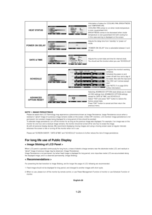 Page 291-29 
English-28
Information of status for COOLING FAN, BRIGHTNESS
and TEMPERATURE.
COOLING FAN comes to run when inside temperature
is over a guaranteed limit.
BRIGHTNESS comes to be decreased when inside
temperature is over guaranteed limit with cooling fun.
In this case warning is displayed on the screen.
Adjusts the delay time from “standby” to “power on”
mode.
“POWER ON DELAY” time is selectable between 0 and
50 sec.
Adjusts the current date and time for internal clock.
You should set this function...