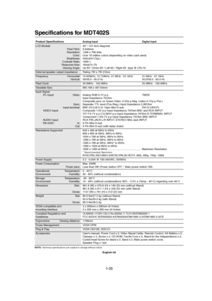 Page 351-35 
English-34
Specifications for MDT402S
Product SpecificationsAnalog Input Digital Input
LCD Module 40" / 101.6cm diagonal
Pixel Pitch: 0.648mm
Resolution: 1366 x 768 dots
Color: Over 16 million colors (depending on video card used)
Brightness: 450cd/m
2(Typ.)
Contrast Ratio: 1000:1
Response time: 16ms(Tr+Tf)
Viewing Angle: Up 85°/ Down 85°/ Left 85°/ Right 85° (typ) @ CR>10
External speaker output impedance       Rating 7W x 7W (Ohm)
Frequency Horizontal: 15.625kHz, 15.734kHz, 31.5kHz - 91.1kHz...