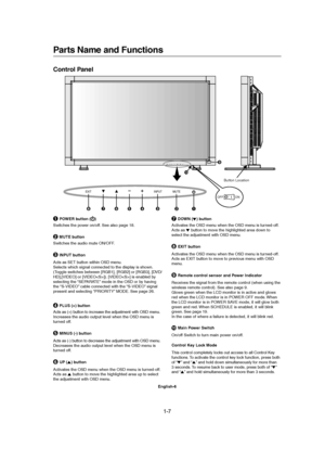 Page 71-7 
English-6
EXITMUTEINPUT
81234567
EXITMUTEINPUT
9
10
7 DOWN () button
Activates the OSD menu when the OSD menu is turned-off.
Acts as 
 button to move the highlighted area down to
select the adjustment with OSD menu.
8EXIT button
Activates the OSD menu when the OSD menu is turned-off.
Acts as EXIT button to move to previous menu with OSD
menu.
9Remote control sensor and Power Indicator
Receives the signal from the remote control (when using the
wireless remote control). See also page 9.
Glows green...