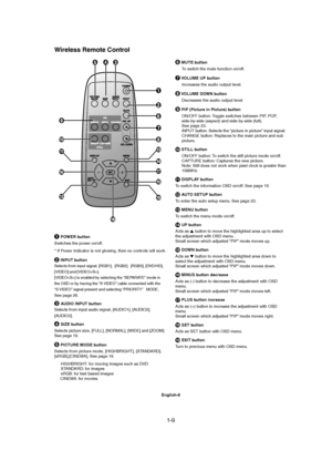 Page 91-9 
English-8
1 POWER button
Switches the power on/off.
* If Power Indicator is not glowing, then no controls will work.
2 INPUT button
Selects from input signal, [RGB1],  [RGB2],  [RGB3], [DVD/HD],
[VIDEO] and [VIDEO].
[VIDEO] is enabled by selecting the “SEPARATE” mode in
the OSD or by having the “S VIDEO” cable connected with the
“S VIDEO” signal present and selecting “PRIORITY”   MODE.
See page 26.
3 AUDIO INPUT button
Selects from input audio signal, [AUDIO1], [AUDIO2],
[AUDIO3].
4 SIZE button...