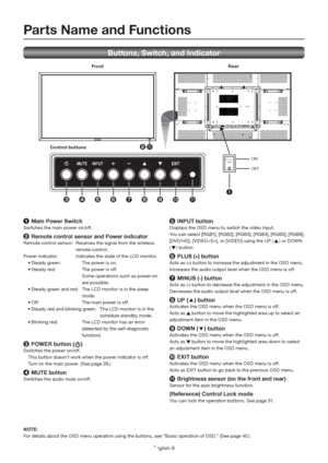 Page 12English-8
5 INPUT button
Displays the OSD menu to switch the video input. 
You can select [RGB1], [RGB2], [RGB3], [RGB4], [RGB5], [RGB6], 
[DVD/HD], [VIDEO], or [VIDEO] using the UP (
) or DOWN 
(
) button.
6  PLUS (+) button
Acts as (+) button to increase the adjustment in the OSD menu. 
Increases the audio output level when the OSD menu is off.
7  MINUS (-) button
Acts as (-) button to decrease the adjustment in the OSD menu. 
Decreases the audio output level when the OSD menu is off.
8 UP () button...