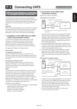 Page 27English-23
EnglishUSB cable (commercially available)
CAT5 Tx BOX
(accessor y)
Signal cable (Mini D-SUB 15-pin to Mini D-SUB 15-pin)
(accessor y)CAT5 cable (commercially available) Computer
Monitor
USB cable (commercially available)
Signal cable (Mini D-SUB 
15-pin to Mini D-SUB 15-pin) 
(accessor y)CAT5 cable (commercially available)
CAT5 cable (commercially available) Computer
Monitor
(ﬁ rst monitor)
Monitor
(second monitor) CAT5 Tx BOX
(accessor y)
 P-5  Connecting CAT5  Carry out as necessary
CAT5 for...