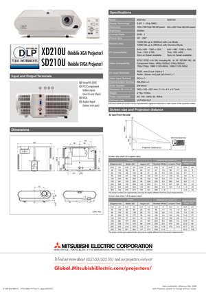 Page 2S-188-8-B7965-A    KYO-0803 Printed in Japan(MDOC)New publication, effective Mar. 2008
Specifications subject to change without notice.
XD210U
0.55 1 - Chip DMD
1024 x 768 (
Total 786,432 pixels)
2000lm
2000 : 1
30 - 250 
RCA x 1 Model
Display Technology
Resolution
Brightness
Contrast Ratio
Picture Size
Video Input Terminal
Unit : mm
Screen size and Projection distance
Specifications
Input and Output Terminals
PC Compatibility640 x 480 - 1280 x 1024,
True : 1024 x 768,  
Sync on Green available
NTSC /...