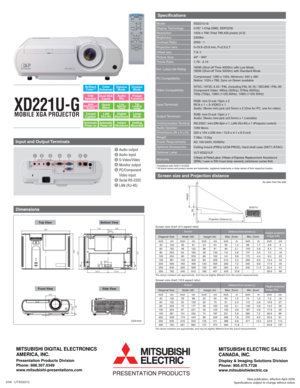 Page 2MOBILE XGA PROJECTOR
Screen size and Projection distance
As seen from the side
XD221U
Height
Hd
Projection Distance (L) 
XD221U-G
0.55 1-Chip DMD, DDP2230
1024 x 768 (Total 786,432 pixels) [4:3]
2300lm
2000 : 1
40 - 300
1.76 - 2.15  Model
Display Technology
Resolution
Brightness
Contrast Ratio
Picture Size
Throw Ratio
f=19.9~23.9 mm, F=2.5-2.7Projection lens
7.9:-1Offset axis
Specifications
* Compliance with ISO21118-2005
** All brand names and product names are trademarks, registered trademarks or trade...