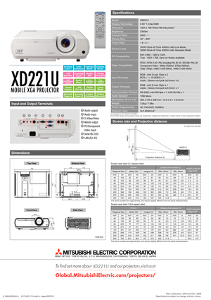 Page 2S-188-8-B8204-A    KYO-0812 Printed in Japan(MDOC)New publication, effective Dec. 2008
Specifications subject to change without notice.
MOBILE XGA PROJECTOR
XD221U
XD221U
Screen size and Projection distance
As seen from the side
XD221U
Height
Hd
Projection Distance (
L)
XD221U
0.55 1-Chip DMD
1024 x 768 (
Total 786,432 pixels)
2300lm
2000 : 1
40 - 300
1.8 - 2.1   Model
Display Technology
Resolution
Brightness
Contrast Ratio
Picture Size
Throw Ratio
Specifications
 Compliance with ISO21118-2005
 All...